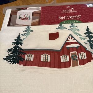 santas workshop House Winter Scene table‎ runner fabric 13X72. New With Tags